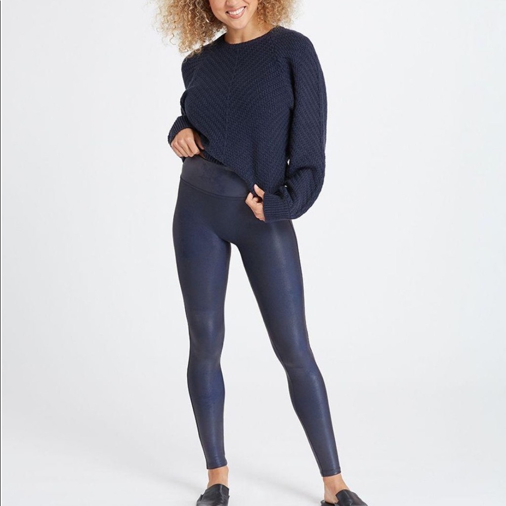 SPANX Faux Leather Leggings Navy Blue Size Small